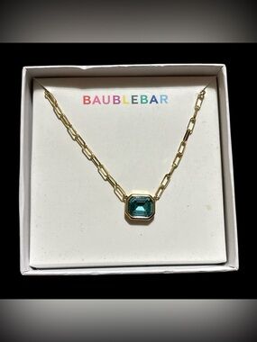 BaubleBar Gold Link Necklace with Teal Green Emerald-Cut Pendant